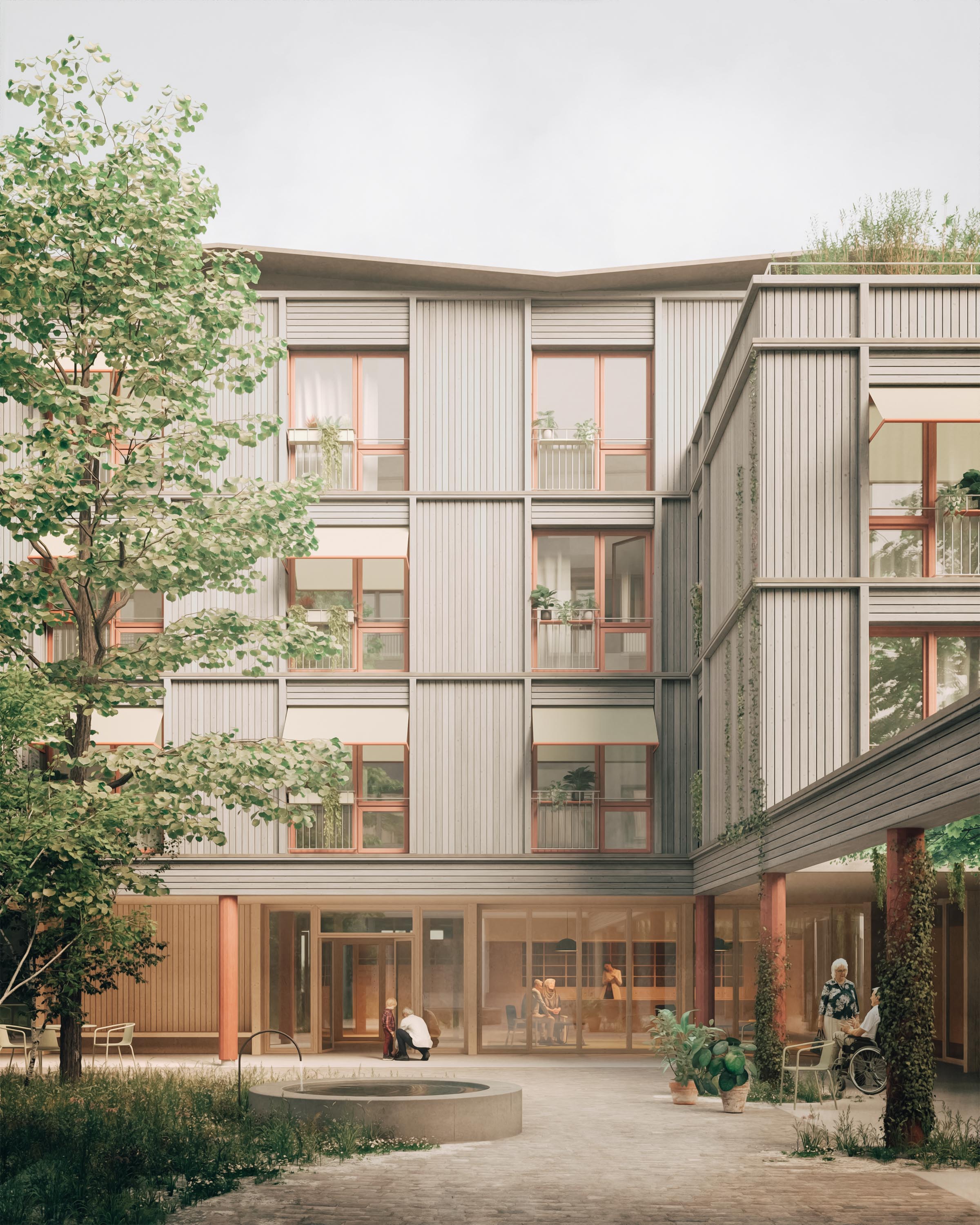 Atmosphärische Architekturvisualisierung von sonaar. Rendering vom Innenhof des neuen Pflegeheims in Schiers von GFF Architekten.