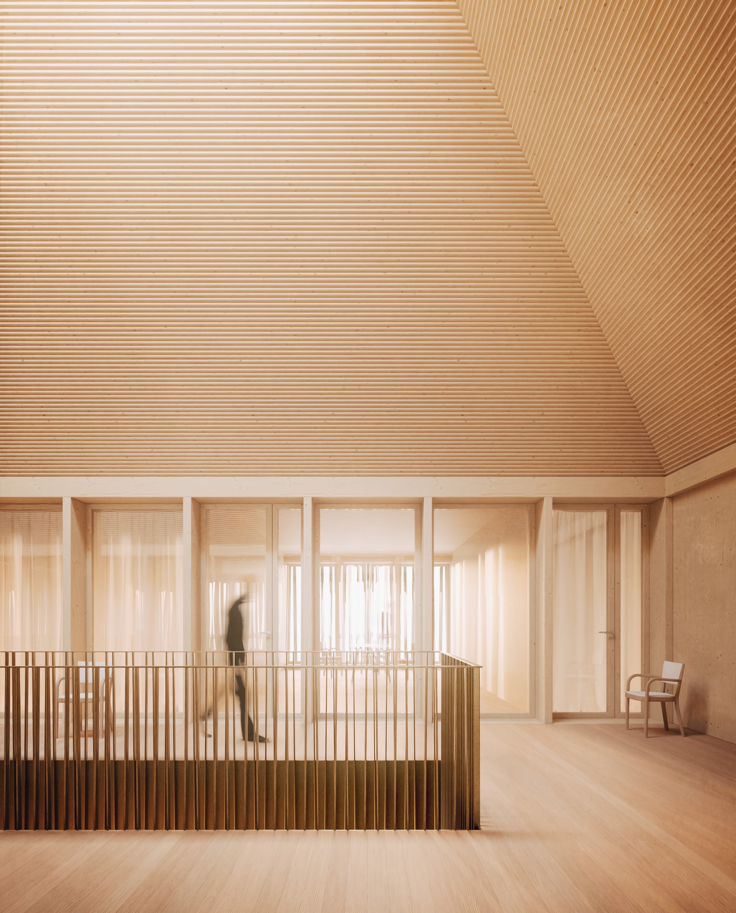 Atmosphärische Architekturvisualisierung von sonaar. Rendering eines Pfarreizentrums von Cukrowicz Nachbaur Architekten.