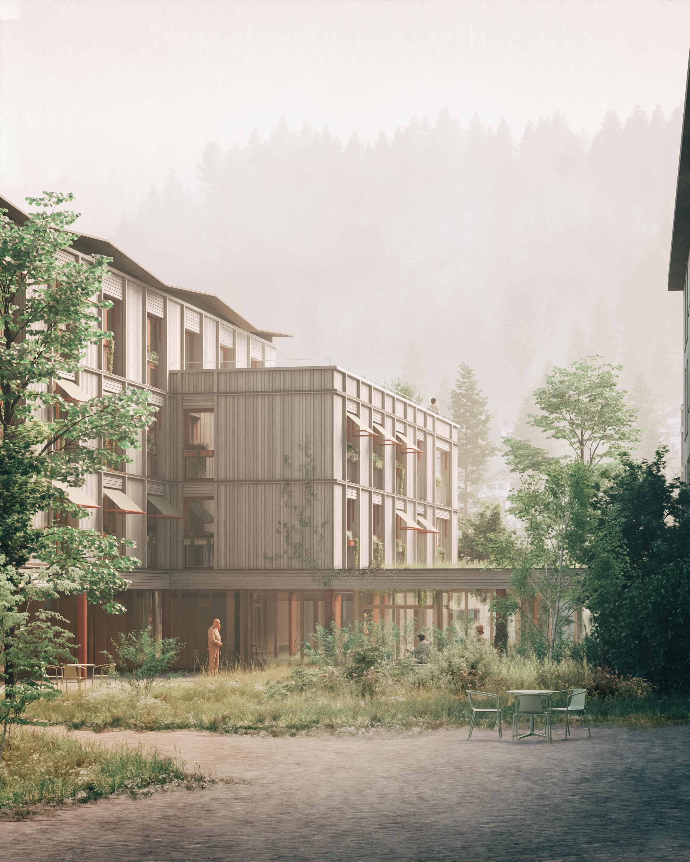 Atmosphärische Architekturvisualisierung von sonaar. Rendering vom Innenhof des neuen Pflegeheims in Schiers von GFF Architekten.