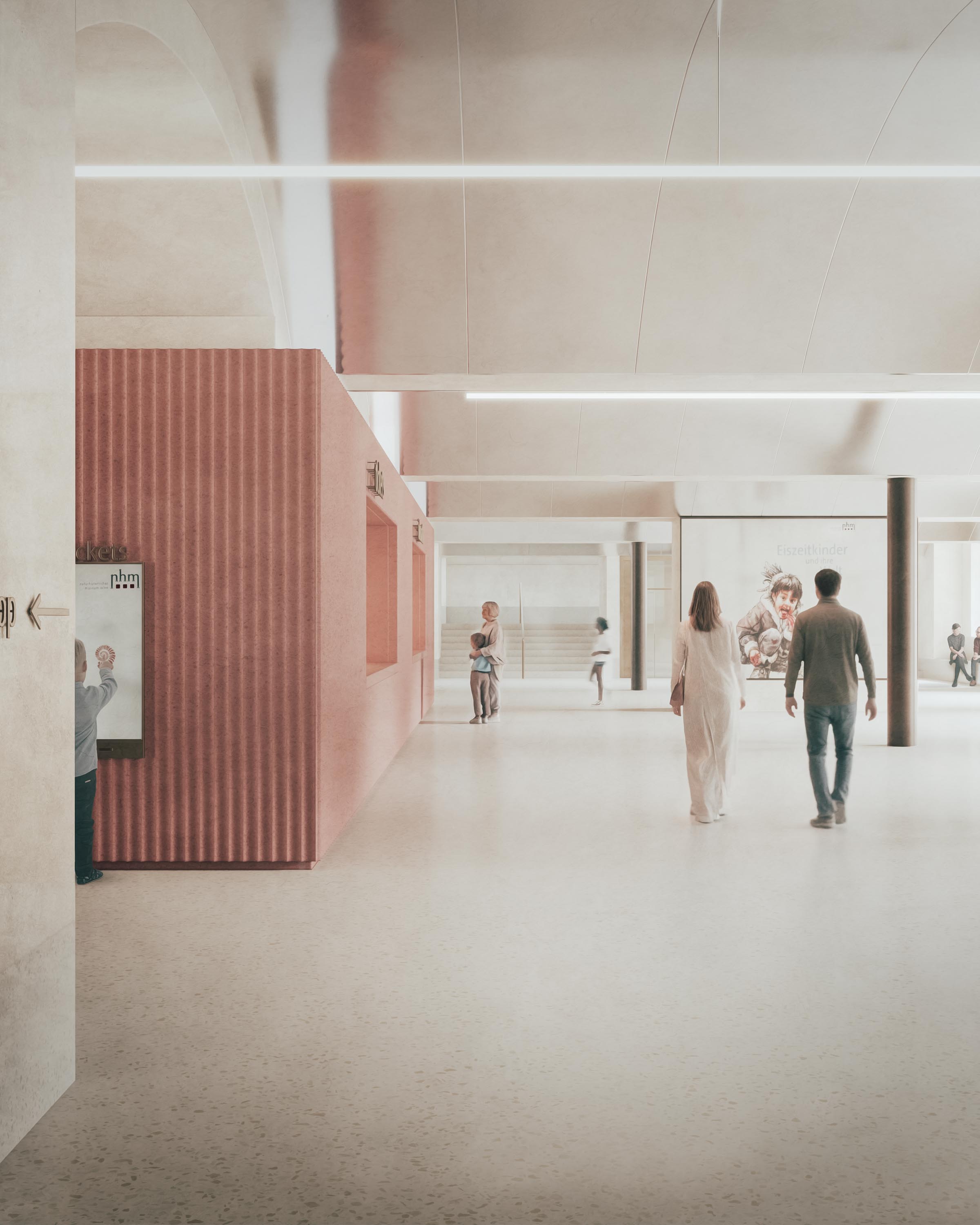 Atmosphärische Architekturvisualisierung von sonaar. Rendering vom Kassabereich des Naturhistorischen Museums von Riegler Riewe Architekten.