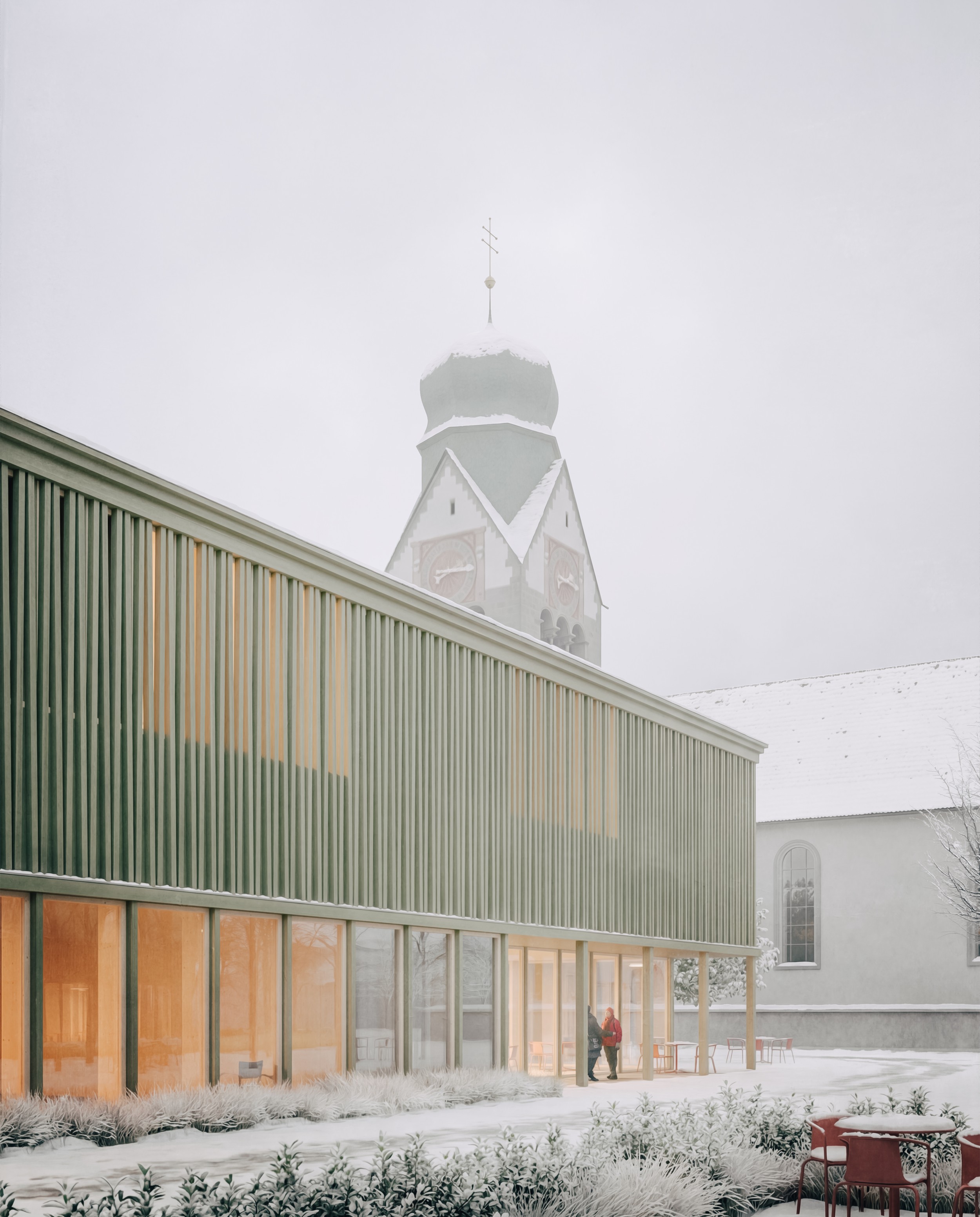 Atmosphärische Architekturvisualisierung von sonaar. Rendering eines Pfarreizentrums von Cukrowicz Nachbaur Architekten.