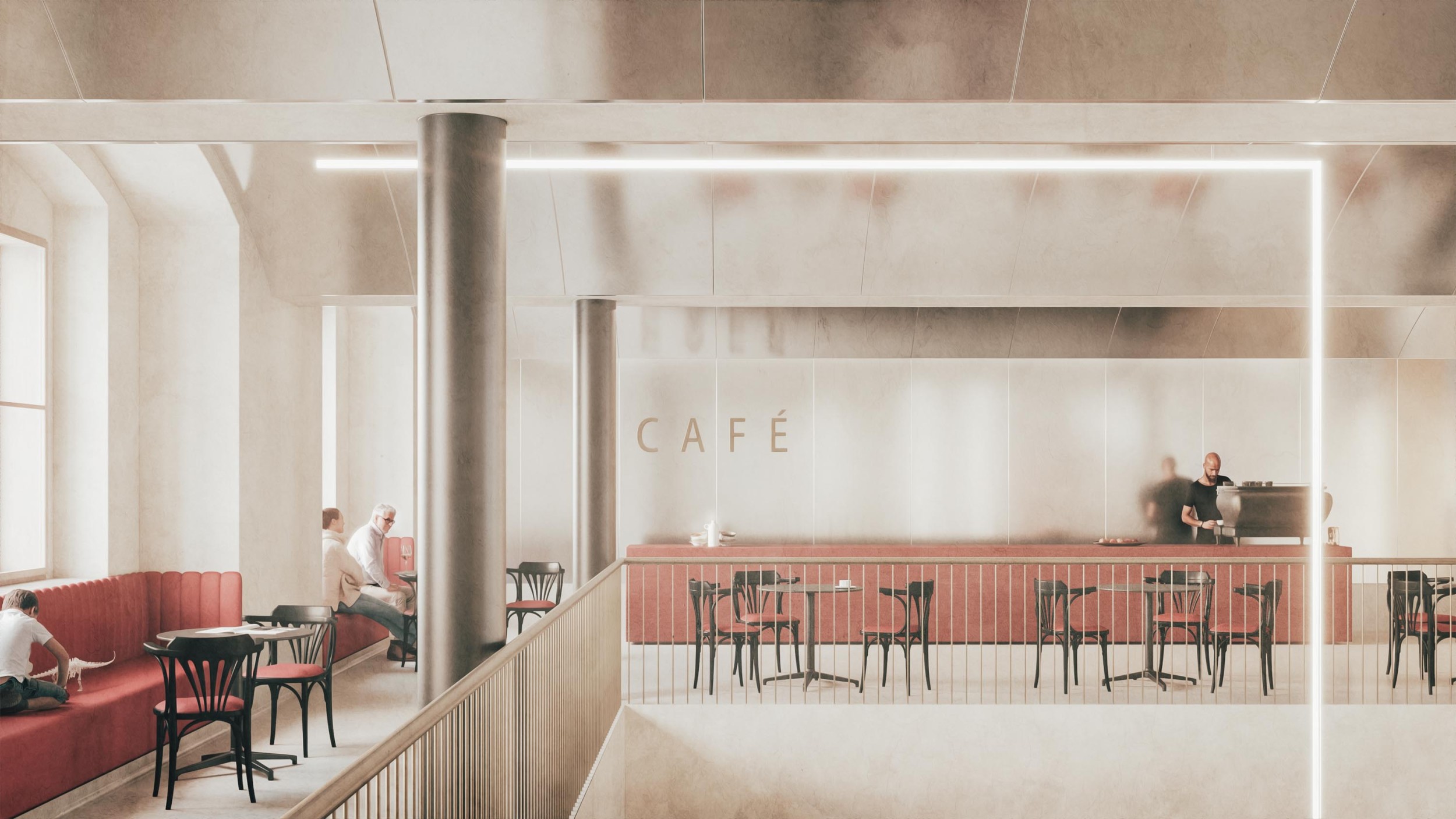 Atmosphärische Architekturvisualisierung von sonaar. Rendering vom Cafe des Naturhistorischen Museums von Riegler Riewe Architekten.