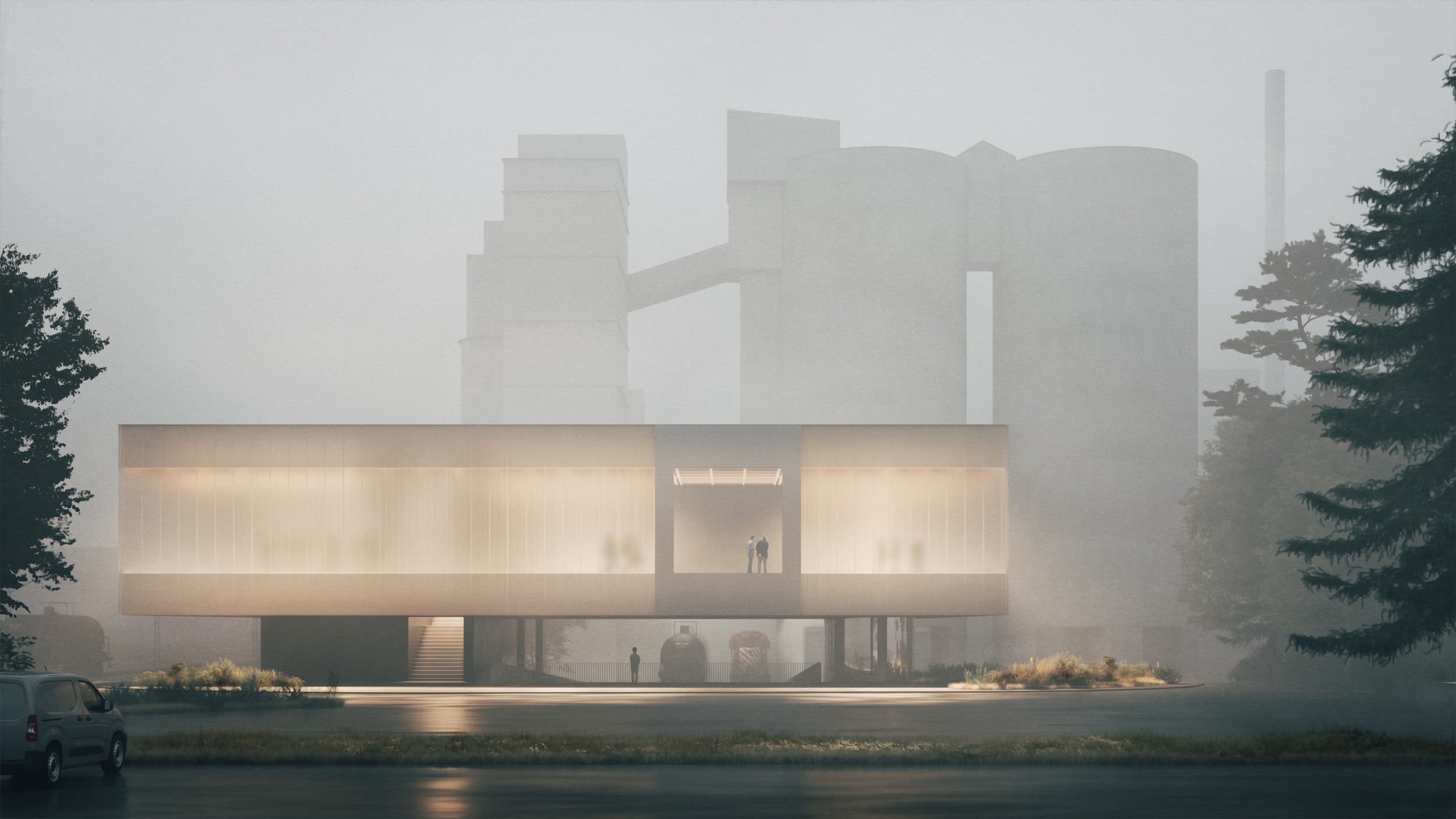 Atmosphärische Architekturvisualisierung von sonaar. Rendering eines Besucherzetrums von Cukrowicz Nachbaur Architekten.